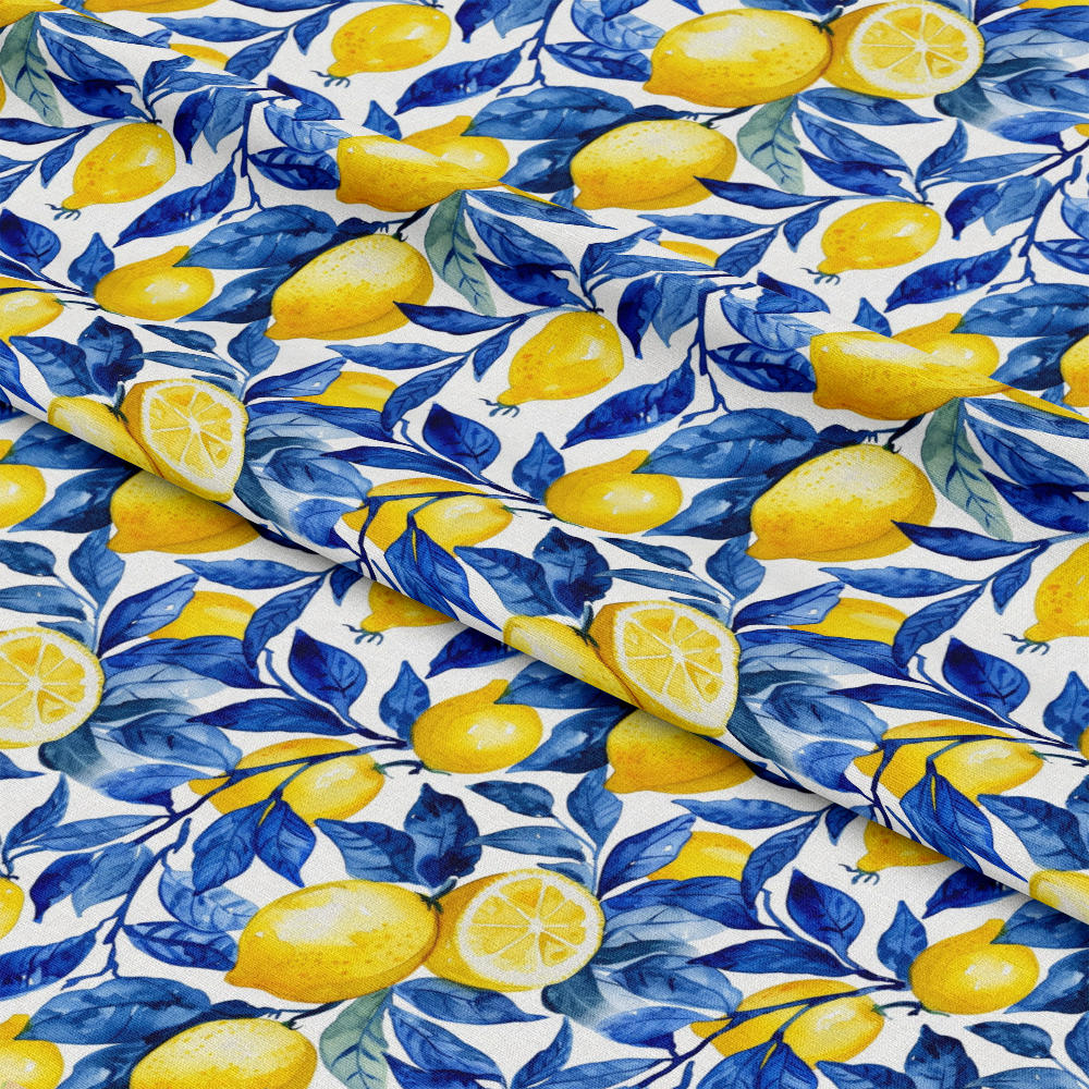 Azulejo Lemons with Blue Leaves Pattern 6 Quilting Cotton Fabric