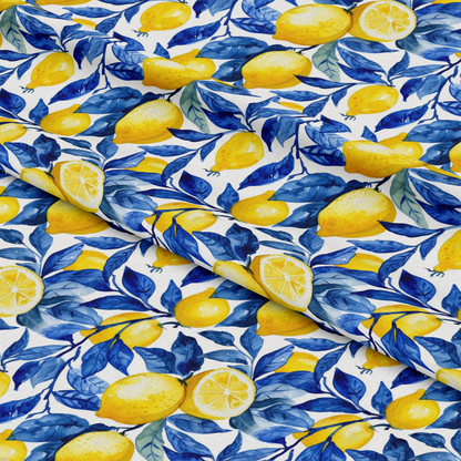 Azulejo Lemons with Blue Leaves Pattern 6 Quilting Cotton Fabric