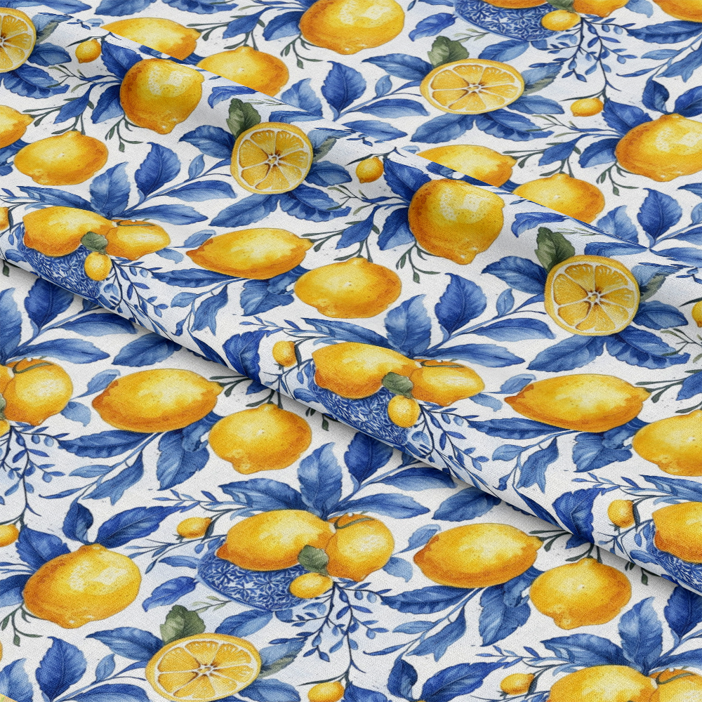 Azulejo Lemons with Blue Leaves Pattern 7 Quilting Cotton Fabric