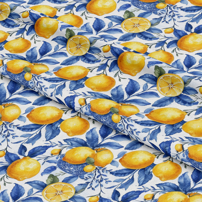 Azulejo Lemons with Blue Leaves Pattern 7 Quilting Cotton Fabric