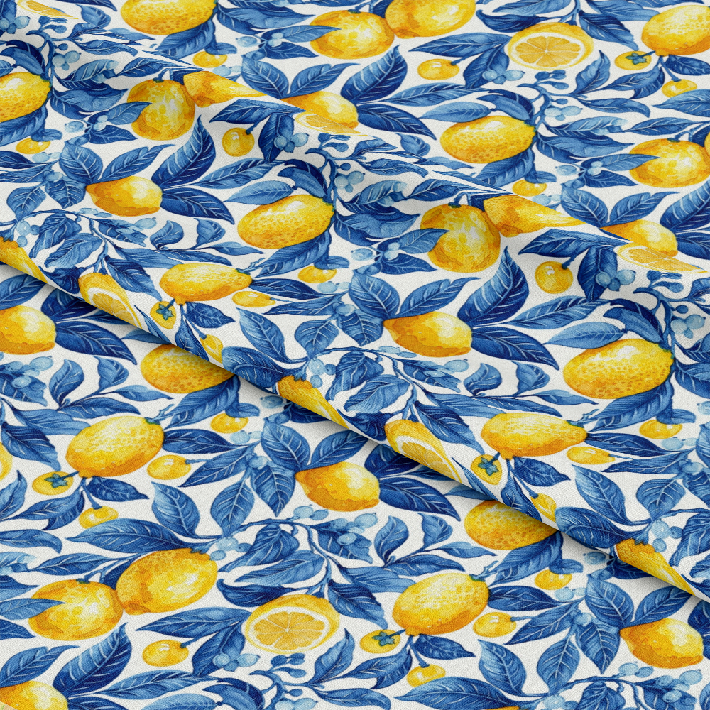 Azulejo Lemons with Blue Leaves Pattern 8 Quilting Cotton Fabric