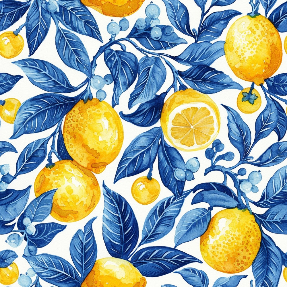 Azulejo Lemons with Blue Leaves Pattern 8 Quilting Cotton Fabric