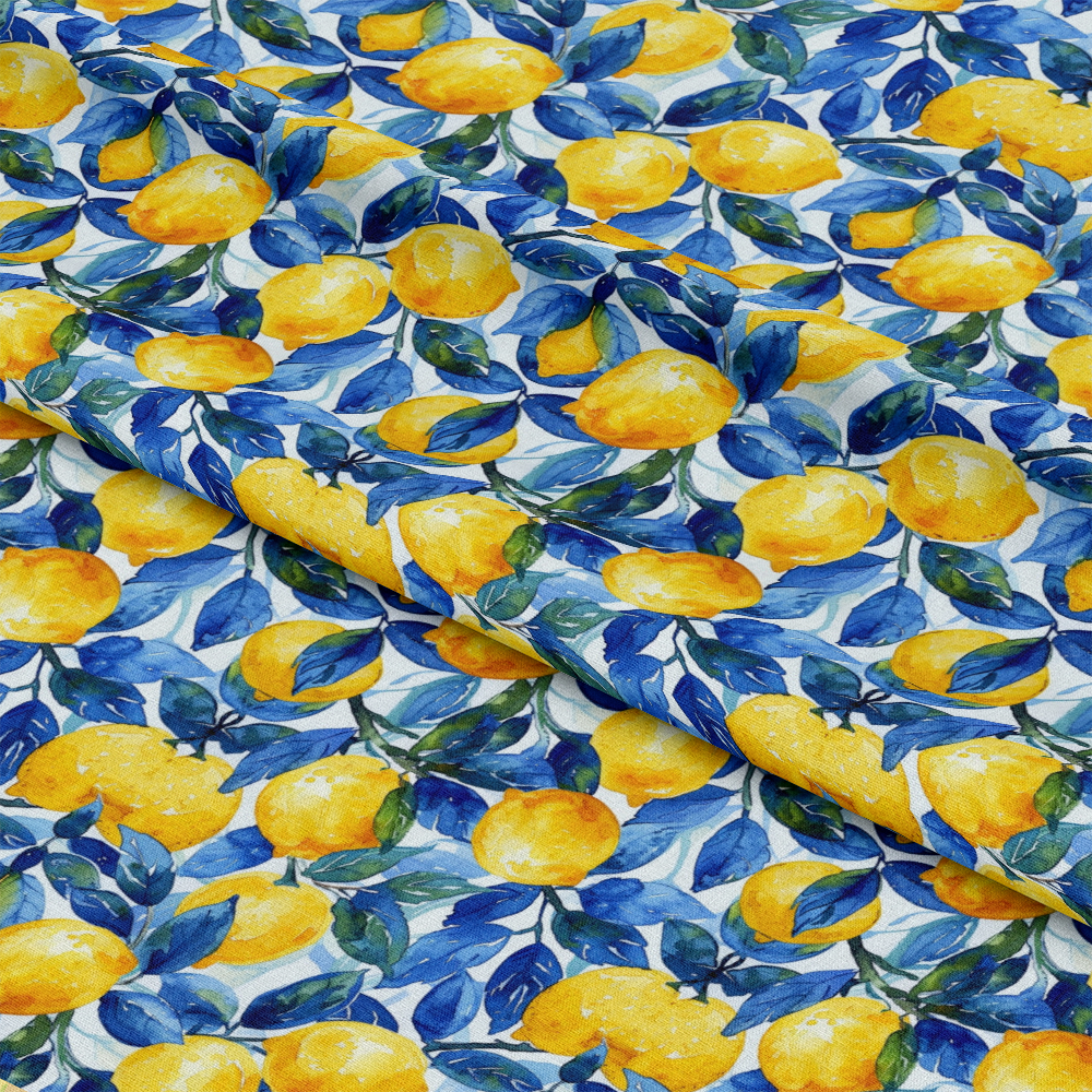Azulejo Lemons with Blue Leaves Pattern 9 Quilting Cotton Fabric