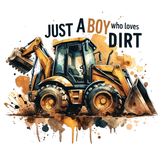 Backhoe Fabric Panel featuring detailed yellow backhoe illustration with dirt splash effects and "Just A Boy Who Loves Dirt" text.