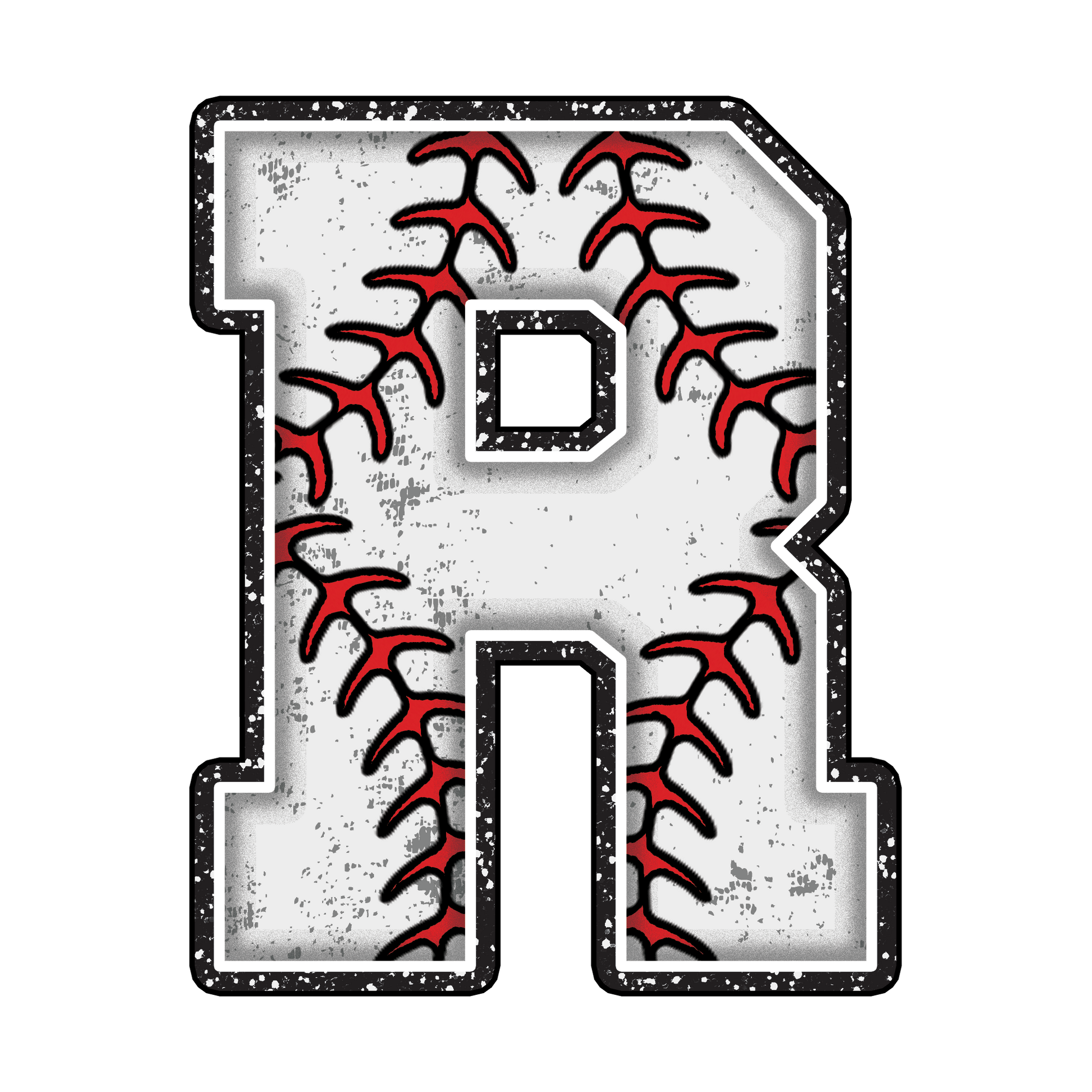 baseball, letter r, red stitching, white background, black outline, distressed texture, vintage weathered, sports theme, alphabet panel, fabric panel, quilting cotton, athletic design, grunge effect, speckled texture, baseball seams, curved stitching lines, monogram style, varsity letter, dimensional shading, cotton fabric