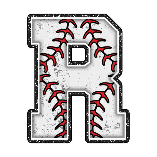 baseball, letter r, red stitching, white background, black outline, distressed texture, vintage weathered, sports theme, alphabet panel, fabric panel, quilting cotton, athletic design, grunge effect, speckled texture, baseball seams, curved stitching lines, monogram style, varsity letter, dimensional shading, cotton fabric