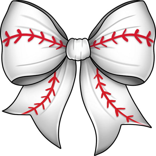 Baseball Bow Fabric Panel featuring premium white fabric with red baseball stitching design printed in the USA for quilting projects.