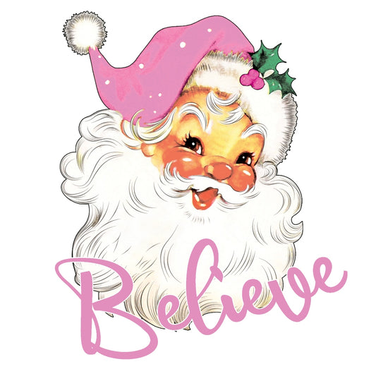 Believe Pink Santa Fabric Panel featuring a vintage-style Santa with a pink hat and "Believe" text in soft pastel colors