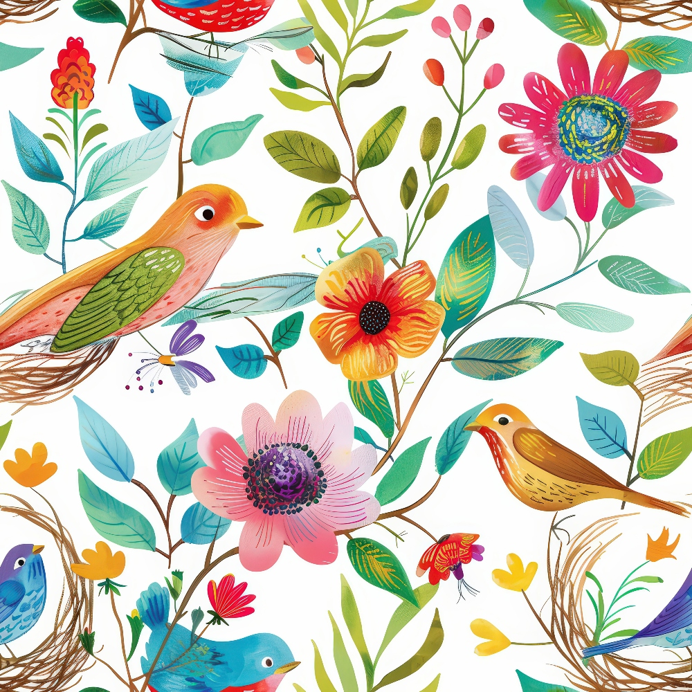 Birds Nest and Flowers Pattern 12 Quilting Cotton Fabric