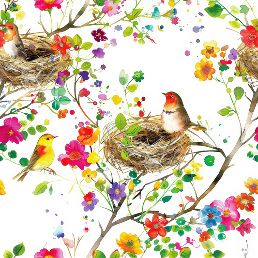 Birds Nest and Flowers Pattern 2 Quilting Cotton Fabric