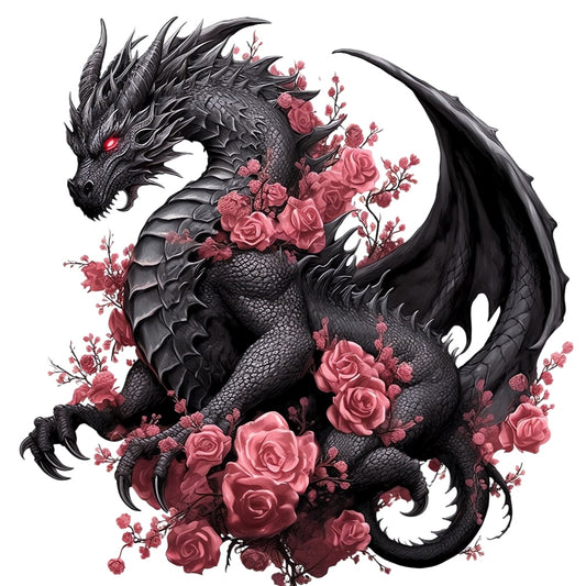 Black Gothic Dragon Fabric Panel 1 featuring a detailed black dragon with red eyes surrounded by vibrant red roses on premium cotton fabric.