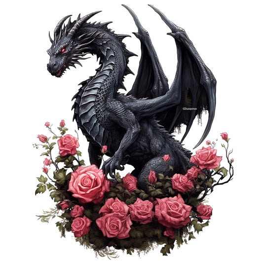 Black Gothic Dragon Fabric Panel 2 featuring a detailed black dragon with red eyes surrounded by blooming pink roses on premium cotton.