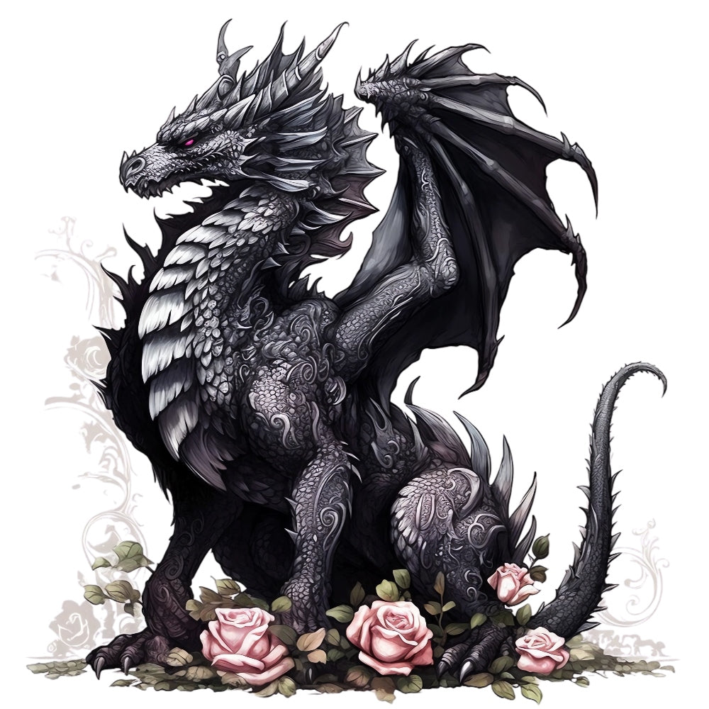 Black Gothic Dragon Fabric Panel 3 featuring a detailed black dragon with intricate scales and pink roses on premium quilting cotton.