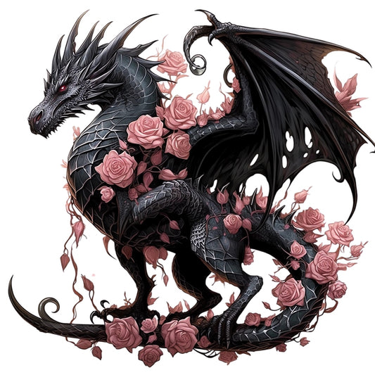 Black Gothic Dragon Fabric Panel 4 featuring a detailed black dragon entwined with pink roses on premium quilting cotton.