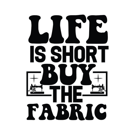 Black and White Buy the Fabric Panel with bold black typography and vintage sewing machine illustrations on white background.