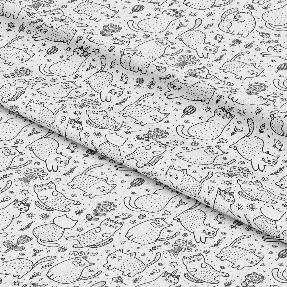 Black and White Cat Doodles Quilting Cotton Fabric