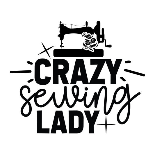 Black and White Crazy Sewing Lady Fabric Panel featuring vintage sewing machine and floral design printed on premium quilting cotton.