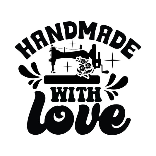 Black and White Handmade with Love Fabric Panel featuring a vintage sewing machine and floral design in bold lettering.