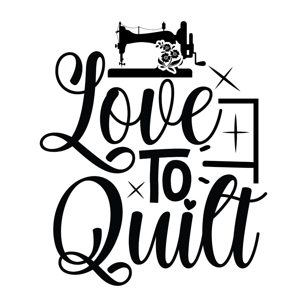 Black and White Love to Quilt Fabric Panel featuring vintage sewing machine and elegant script design on premium quilting cotton.