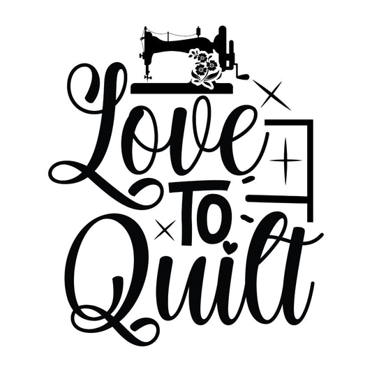 Black and White Love to Quilt Fabric Panel featuring vintage sewing machine and elegant script design on premium quilting cotton.