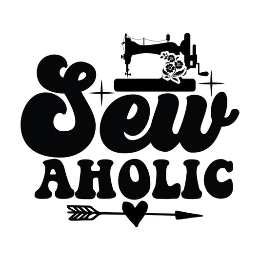Black and White Sew Aholic Fabric Panel featuring vintage sewing machine and bold typography on premium quilting cotton fabric.