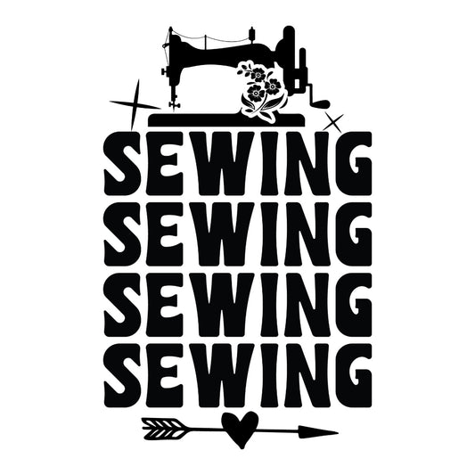 Black and White Sewing Sewing Sewing Fabric Panel featuring a vintage sewing machine and bold text design in premium quilting cotton.