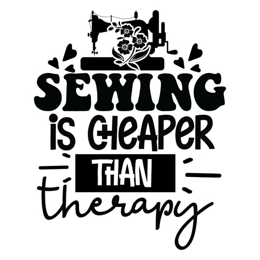 Black and White Sewing is Cheaper Fabric Panel featuring a vintage sewing machine and floral design with inspirational sewing quote.