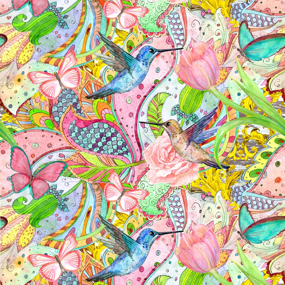 Bohemian Hummingbirds Pattern Minky Fabric