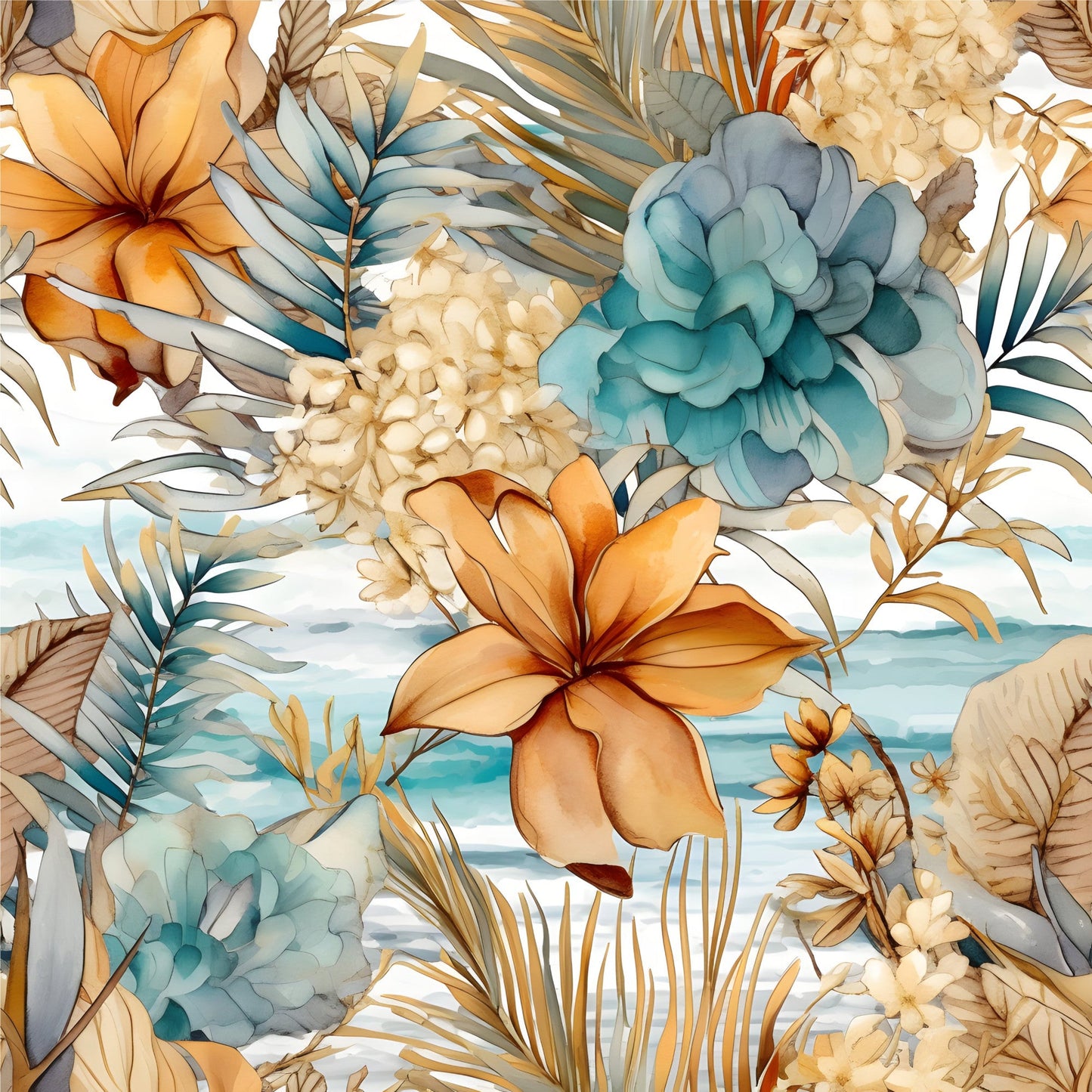 Boho Beach Botanicals Blue Peach Pattern 12 Quilting Cotton Fabric