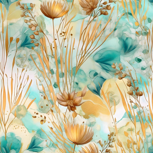 Boho Beach Botanicals Blue Peach Pattern 16 Quilting Cotton Fabric