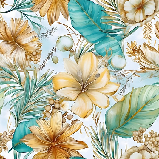 Boho Beach Botanicals Blue Peach Pattern 3 Quilting Cotton Fabric