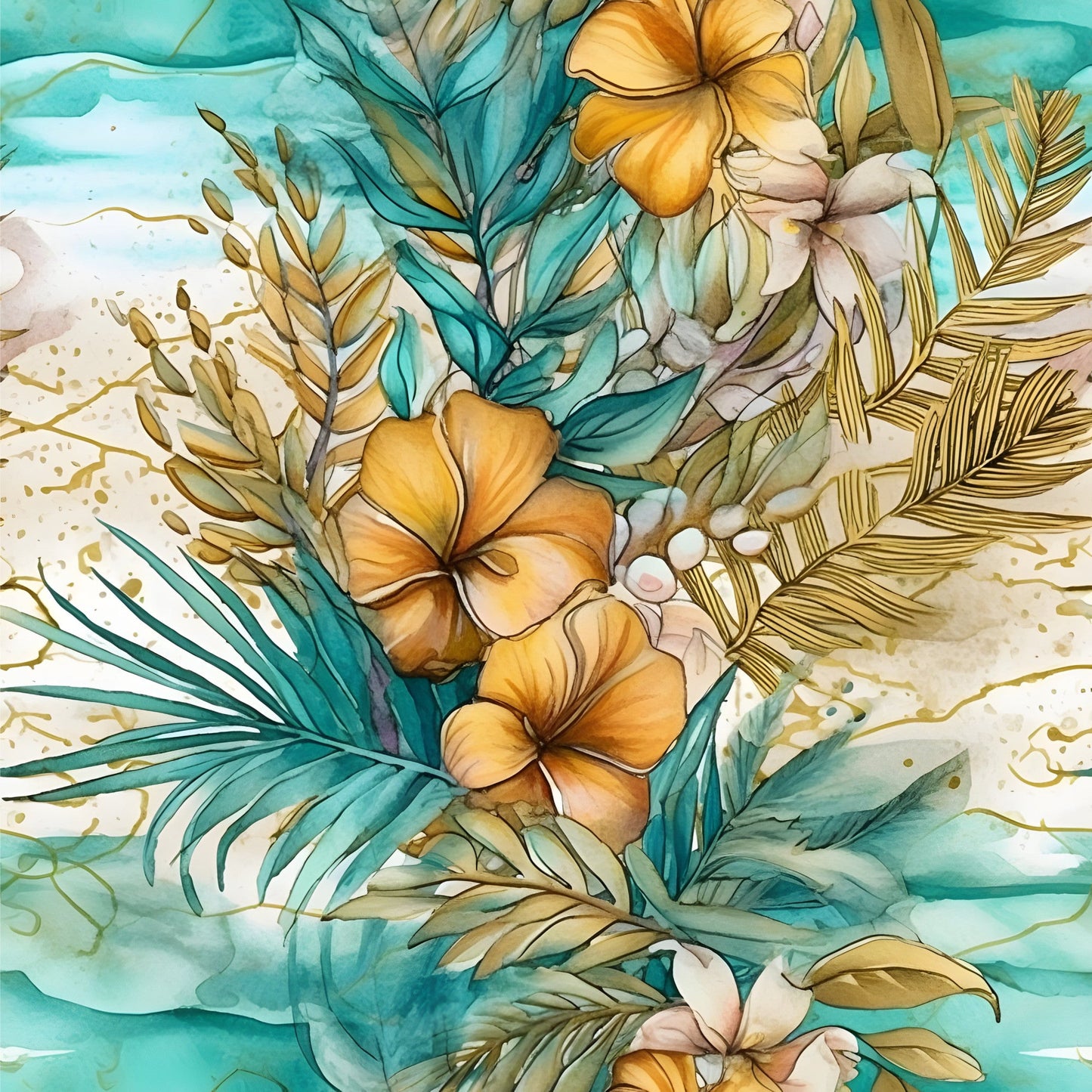 Boho Beach Botanicals Blue Peach Pattern 5 Quilting Cotton Fabric
