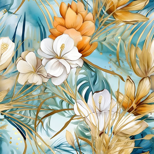 Boho Beach Botanicals Blue Peach Pattern 6 Quilting Cotton Fabric