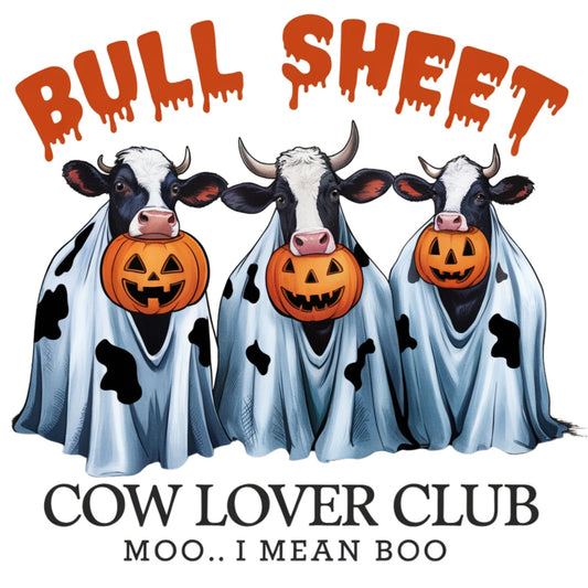 Bull Sheet Fabric Panel showing three cows in ghost sheets holding jack-o’-lanterns with spooky Halloween text.