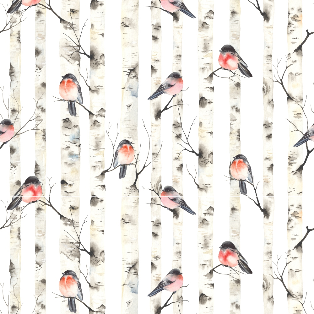 Bullfinches on Birch Trees Quilting Cotton Fabric