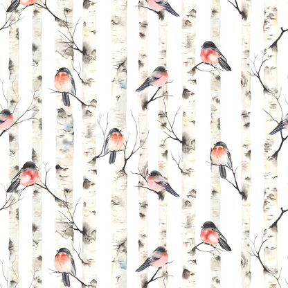 Bullfinches on Birch Trees Quilting Cotton Fabric
