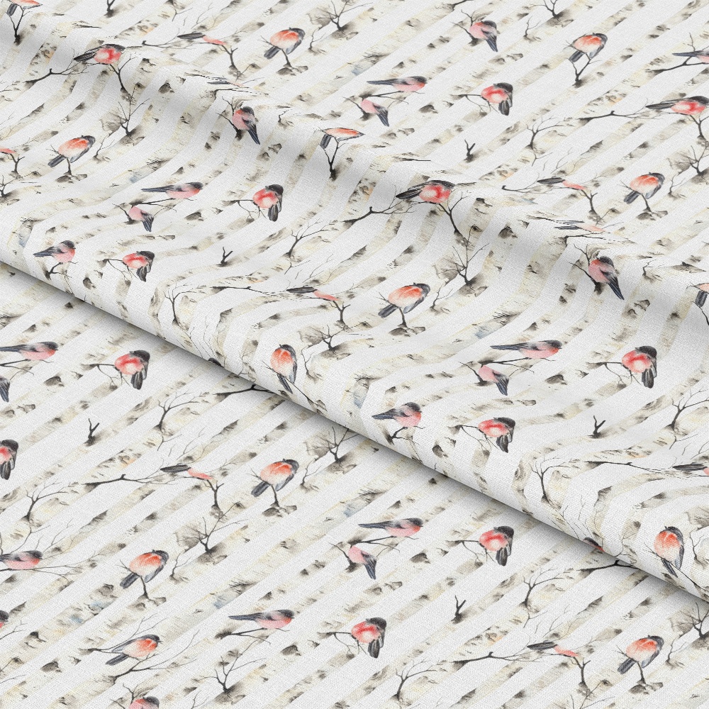 Bullfinches on Birch Trees Quilting Cotton Fabric