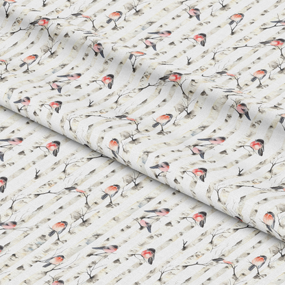 Bullfinches on Birch Trees Quilting Cotton Fabric