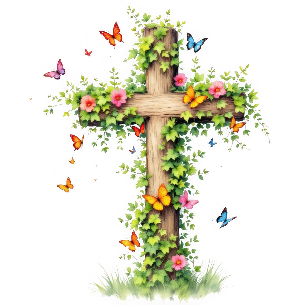 Butterflies and Cross Fabric Panel featuring a wooden cross entwined with green vines, pink flowers, and colorful butterflies fluttering around.