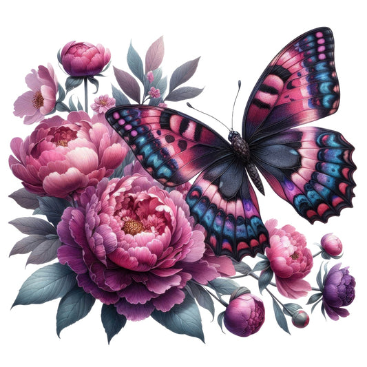 Butterflies and Flowers Fabric Panel 1 with detailed pink and purple peonies and a vibrant blue and pink butterfly on quilting cotton.