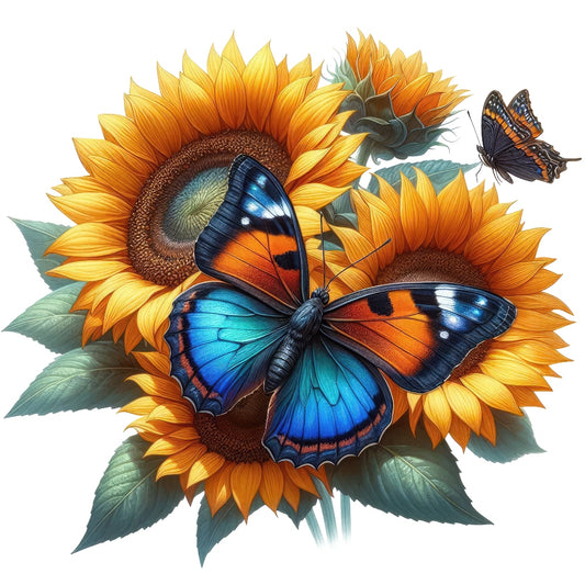 Butterflies and Flowers Fabric Panel 10 features vibrant blue and orange butterflies resting on detailed yellow sunflowers and green leaves.