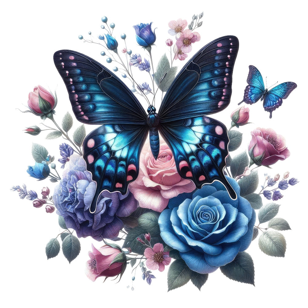 Butterflies and Flowers Fabric Panel 11 featuring a detailed blue butterfly and colorful floral arrangement printed on premium quilting cotton.