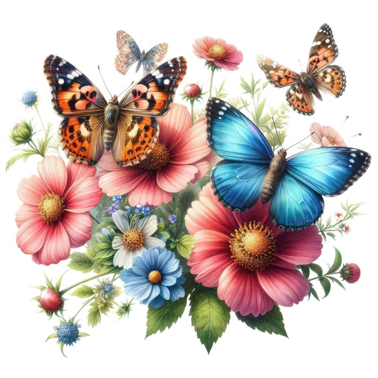 Butterflies and Flowers Fabric Panel 12 with vibrant pink and blue flowers and colorful orange and blue butterflies on premium quilting cotton.