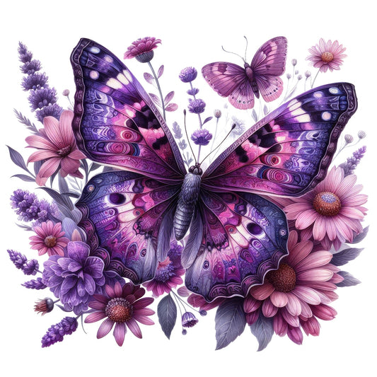 Butterflies and Flowers Fabric Panel 13 featuring detailed purple butterflies and pink flowers on premium quilting cotton fabric.