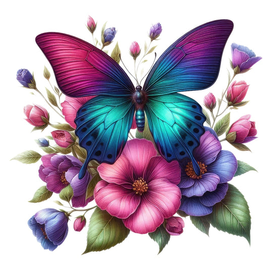 Butterflies and Flowers Fabric Panel 15 featuring a vibrant blue and purple butterfly over pink and purple flowers on premium quilting cotton.