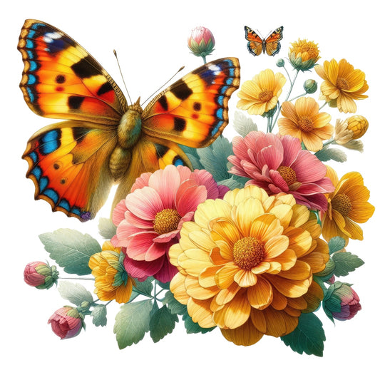 Butterflies and Flowers Fabric Panel 16 featuring vibrant orange butterfly and colorful pink yellow flowers on premium quilting cotton.