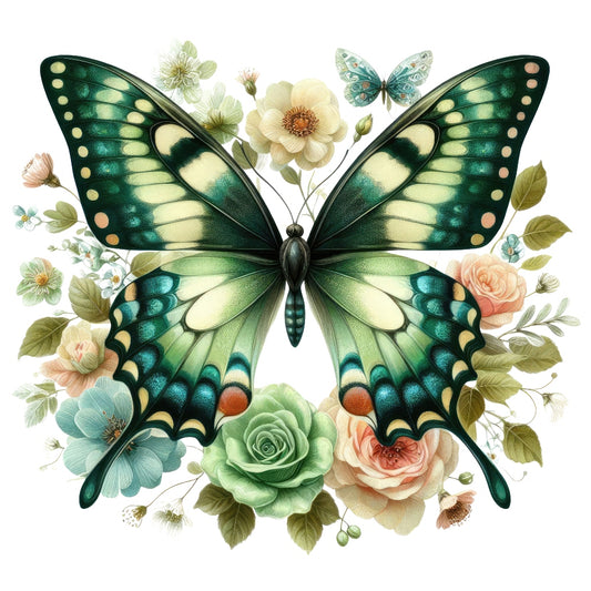 Butterflies and Flowers Fabric Panel 17 featuring detailed green butterflies and pastel flowers on premium quilting cotton fabric panel.