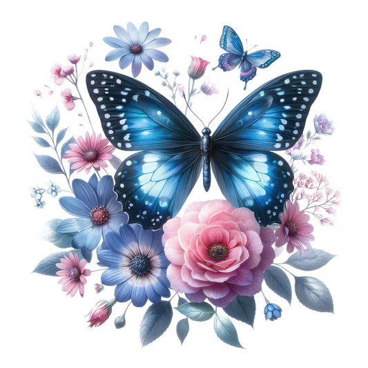 Butterflies and Flowers Fabric Panel 18 featuring a detailed blue butterfly surrounded by pink and purple flowers on premium quilting cotton.