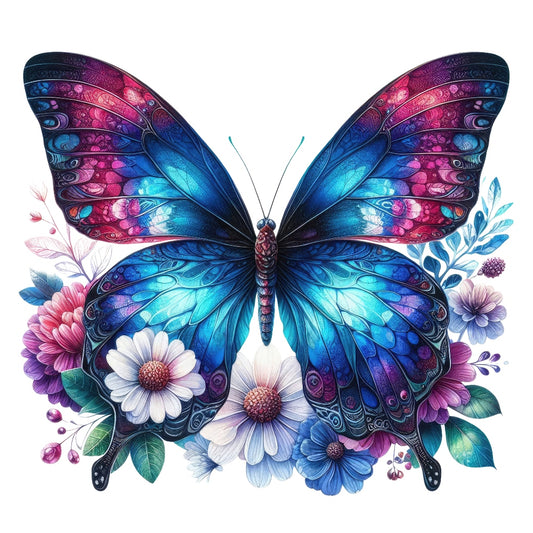 Butterflies and Flowers Fabric Panel 19 featuring vibrant blue and purple butterfly with detailed floral designs on premium cotton quilting fabric.
