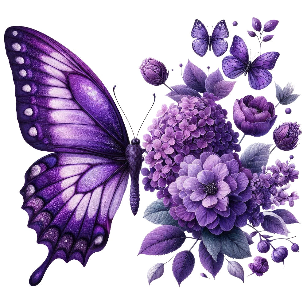 Butterflies and Flowers Fabric Panel 2 featuring detailed purple butterflies and flowers on premium quilting cotton print.